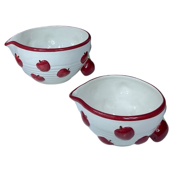 Vintage Mixing Bowls Apples Pour Spouts Handles Ceramic Nesting Design Set of 2 - Picture 4 of 16